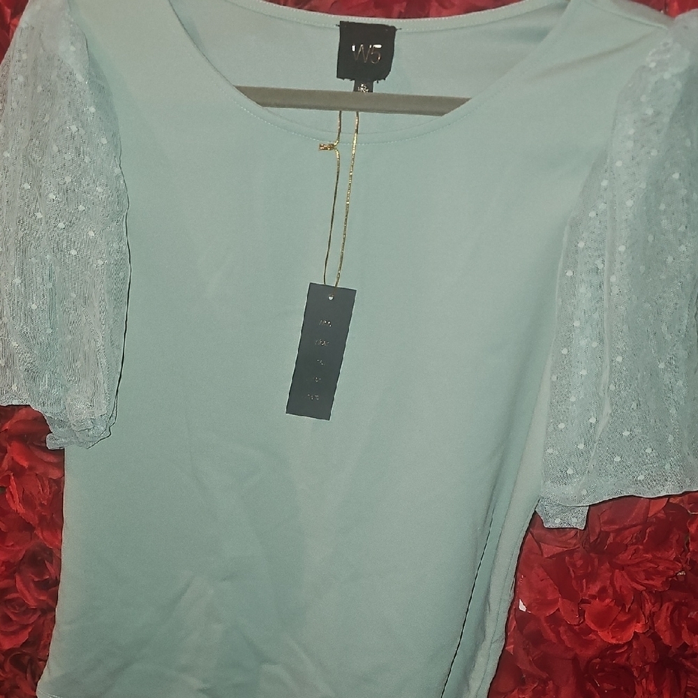 W5 NWT Light Green Blouse with Lace Polka Dot Sheer Puff Sleeves Size Xlarge